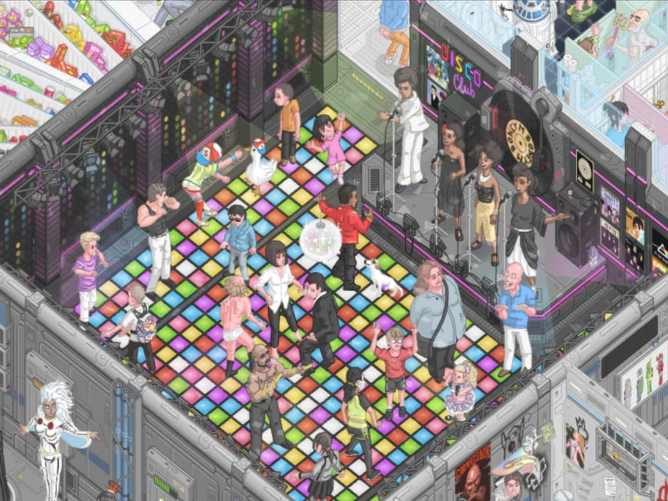 Pixel-art nightclub scene with a colorful illuminated dance floor, crowded dancers, performers onstage, speakers, surrounding shops, and numerous pop-culture references.