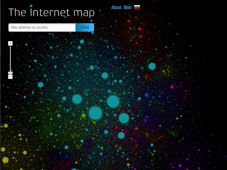 The Internet Map webpage showing a dense field of colorful dots and circles representing websites, with a search box and zoom controls.